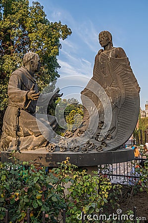 Sculpture of Juan Diego and Fray Juan de Zumarraga. Editorial Stock Photo
