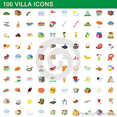 100 villa icons set, cartoon style Vector Illustration