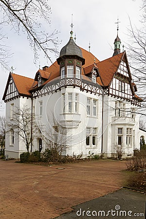Villa Stahmer, built in 1900 in the half-timbering style serves the city of Georgsmarienhuette as a museum today, Lower Saxony, Ge Stock Photo