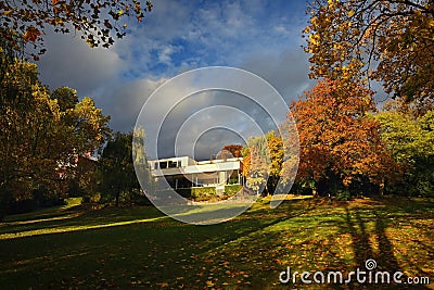 Villa Tugendhat Brno - Czech Republic. Beautiful autumn atmosphere in the park of the villa. Modern architecture of functionalist Stock Photo