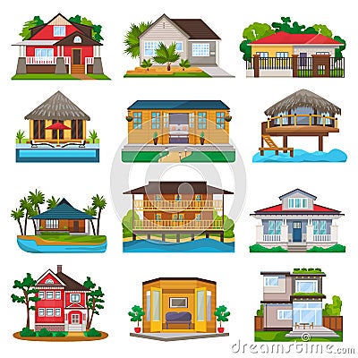 Villa vector facade of house building and tropical resort hotel on ocean beach in paradise illustration set of bungalow Vector Illustration