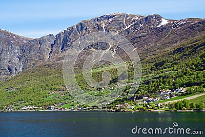The village of Aurlandsvangen at the coast of the Sogne fjord Aurlands fjord Stock Photo