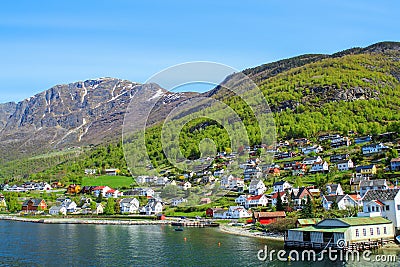 The village of Aurlandsvangen at the coast of the Sogne fjord & x28;Aurlands fjord Stock Photo