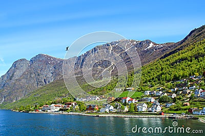 The village of Aurlandsvangen at the coast of the Sogne fjord & x28;Aurlands fjord Stock Photo