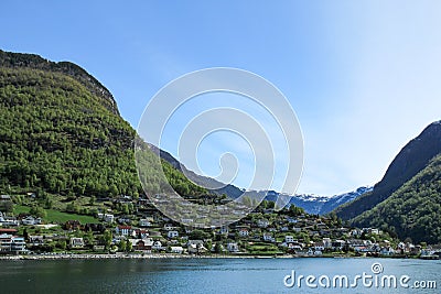 The village of Aurlandsvangen at the coast of the Sogne fjord Aurlands fjord Stock Photo