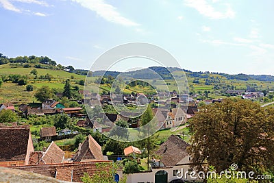 The village of Biertan, Birthï¿½lm and surrounding landscape, Sibiu County, Romania. Seen from the fortified church of Biertan, Stock Photo