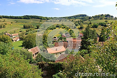 The village of Biertan, Birthï¿½lm and surrounding landscape, Sibiu County, Romania. Seen from the fortified church of Biertan, Stock Photo