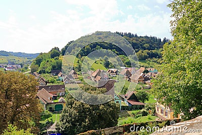 The village of Biertan, Birthï¿½lm and surrounding landscape, Sibiu County, Romania. Seen from the fortified church of Biertan, Stock Photo