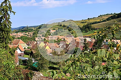 The village of Biertan, Birthï¿½lm and surrounding landscape, Sibiu County, Romania. Seen from the fortified church of Biertan, Stock Photo