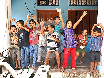 Village children in a super-exciting mood in india Editorial Stock Photo