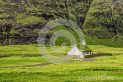 Village church in Saksun, Faroe Islands, Denmark Stock Photo