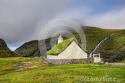 Village church in Saksun, Faroe Islands, Denmark Stock Photo