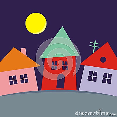 Village, colored silhouette of three houses, vector creative illustration Vector Illustration