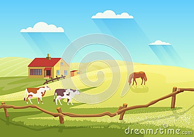 Village dairy farm with cows, rural ranch countryside summer landscape and farmhouse Vector Illustration