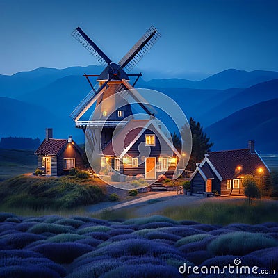 Village at dawn, winter season. Stock Photo