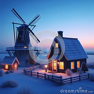 Village at dawn, winter season. Stock Photo