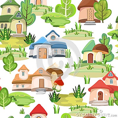 Village of gnomes. Seamless pattern. Fabulous landscape with houses and trees. Huge mushrooms. Cartoon style. Cute Vector Illustration