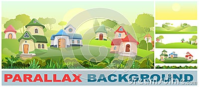 Village of gnomes. Set parallax effect. Fabulous town with cute little houses. Beautiful cartoon green landscape. Meadow Vector Illustration