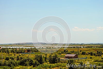 Village of Golubitskaya. View of Temryuk on hazy horizon. Krasnodar region, Russia. Stock Photo