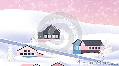 Village on the hill in winter with snowfall Vector Illustration