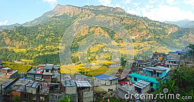 Village in Himalayas Mountains Annapurna trek Editorial Stock Photo