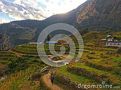 Village in Himalayas Mountains Annapurna trek Editorial Stock Photo