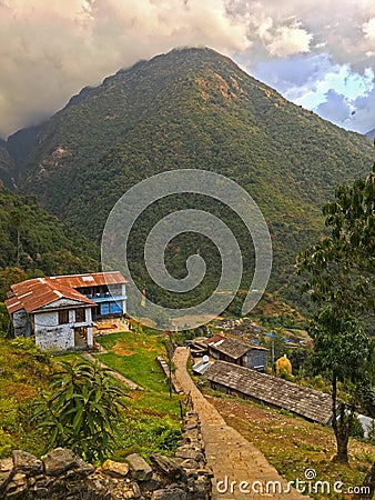 Village in Himalayas Mountains Annapurna trek Stock Photo