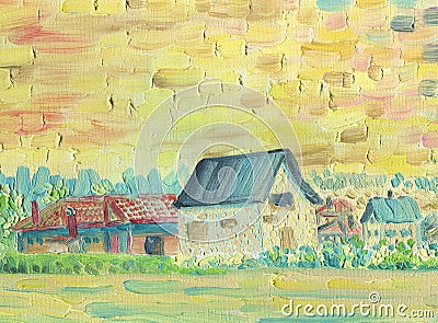 Village house with a village in the background. Oil painting Stock Photo