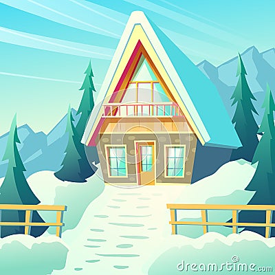 Village house in winter mountains cartoon vector Vector Illustration