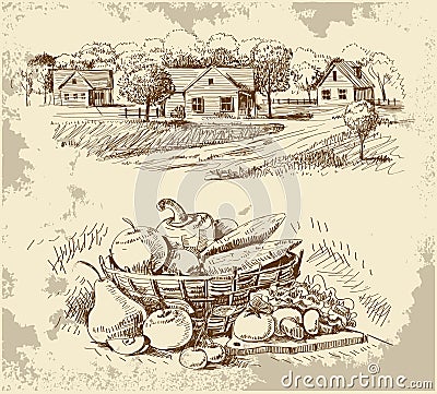 Village houses sketch with food Vector Illustration