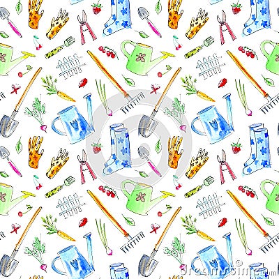 Village image with garden plants and tools seamless pattern. Cartoon Illustration