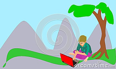 Village kid computer technology education art Vector Illustration