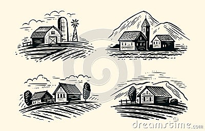 Village landscape sketch. Vintage vineyard farm. Hand drawn agricultural plantation with rustic houses Vector Illustration
