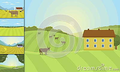 Village landscapes vector illustration farm house agriculture graphic countryside Vector Illustration