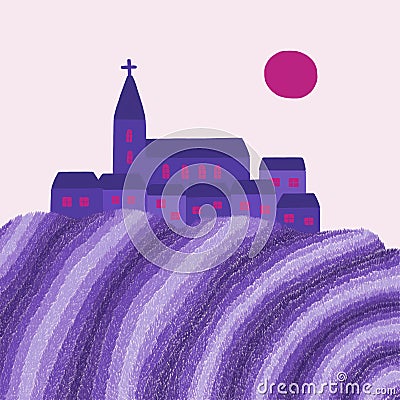 Village And Lavender Field Cartoon Illustration