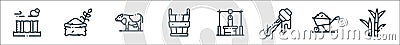 In the village line icons. linear set. quality vector line set such as sugar cane, wheelbarrow, honey, water well, bucket, cow, Vector Illustration