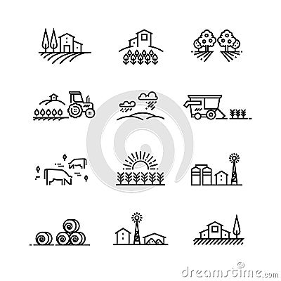 Village line landscapes with agricultural field and farm buildings. Linear farming vector concepts Vector Illustration