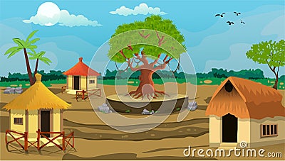 Lovely nature landscape village illustration, with stylish flat design, trees, banner and field Vector Illustration