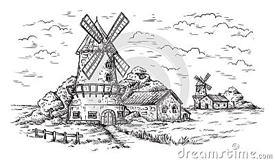 Village near a wheat field and a windmill drawn by hand Vector Illustration