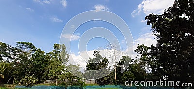 Village pond area, blue sky Stock Photo