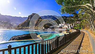 village Porto da cruz. Madeira island natural swim pools Stock Photo