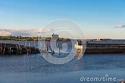 Village of Rabocheostrovsk. Old ruined jetty Stock Photo