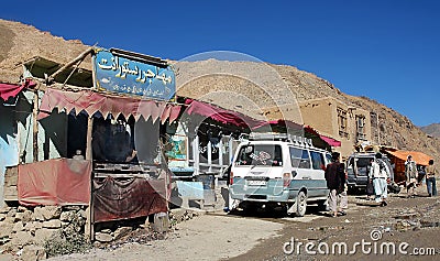 A village with restaurant and minibus between Kabul and Bamiyan in Afghanistan Editorial Stock Photo