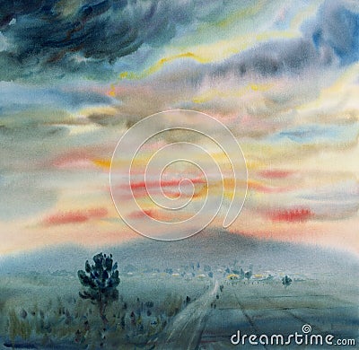 Village rural, rice field, farmer farm with mountain watercolor paintings Stock Photo