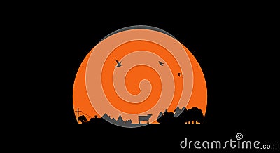 Village rural scenery. Black silhouette on the sunset background. Vector illustration Vector Illustration