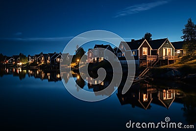 Village scene with wooden houses nestled by tranquil river. Generative AI Stock Photo