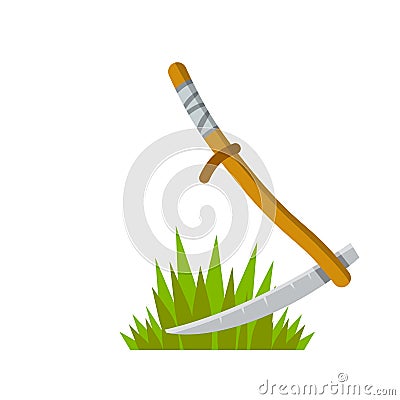 Village scythe. Wooden tool with blade. Process of Mowing the green grass Vector Illustration