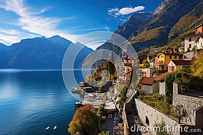 Village on the shore of Lake Como, Lombardy, Italy, AI Generated Stock Photo