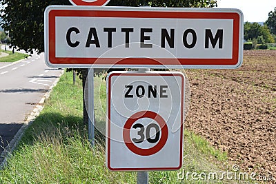 village sign of village Cattenom, Limit 30 zone Stock Photo