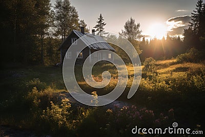 A village with small houses at a fjord in northern europe created with generative AI technology Stock Photo